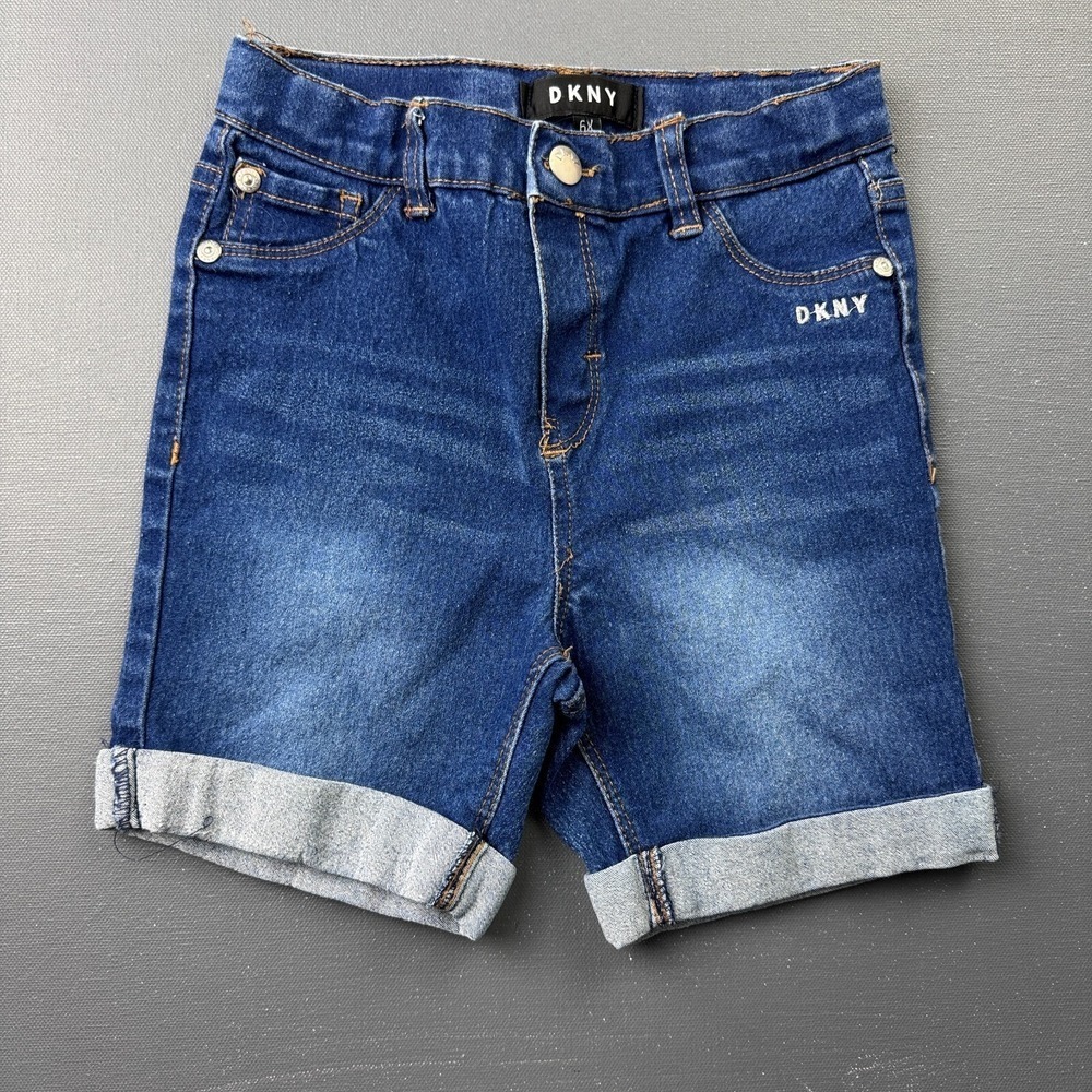 DKNY Girls Size 6X Blue Cuffed Denim Shorts Stretch Jean Preppy Summer Casual
